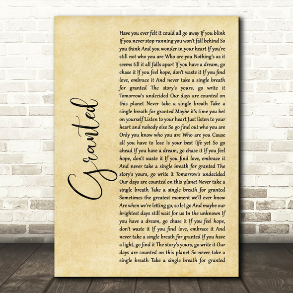 Josh Groban Granted Rustic Script Song Lyric Print