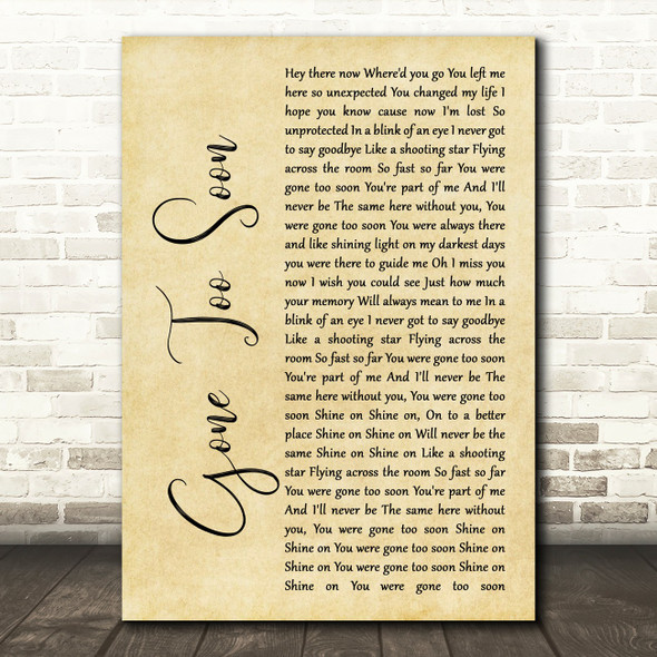 Simple Plan Gone Too Soon Rustic Script Song Lyric Print