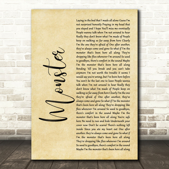Gabbie Hanna Monster Rustic Script Song Lyric Quote Print