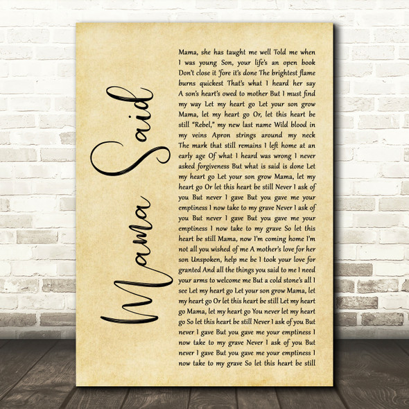 Metallica Mama Said Rustic Script Song Lyric Quote Print