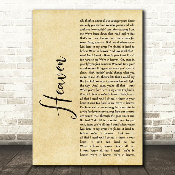 Bryan Adams Heaven Rustic Script Song Lyric Quote Print