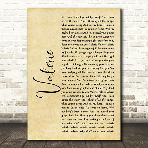 Amy Winehouse Valerie Rustic Script Song Lyric Print