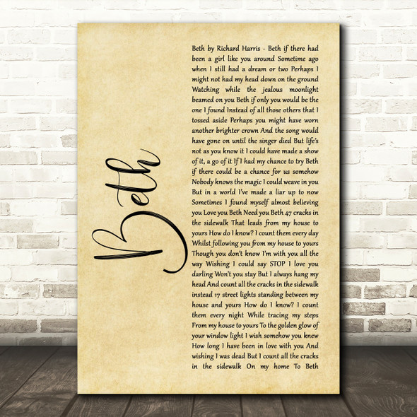 Richard Harris Beth Rustic Script Song Lyric Print