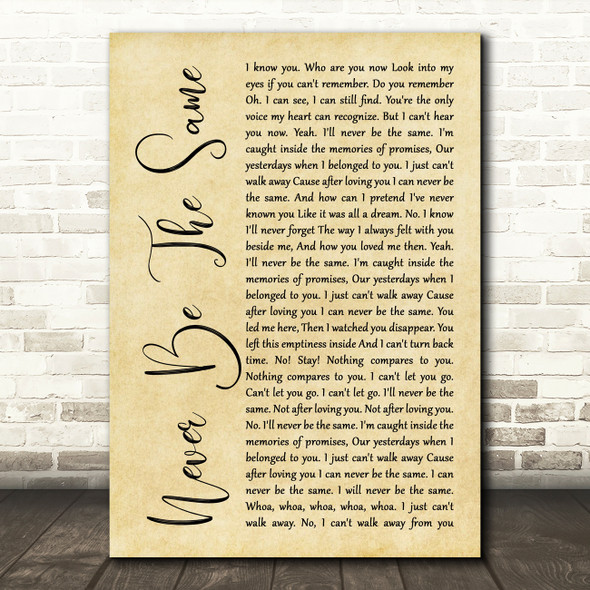 Red Never Be The Same Rustic Script Song Lyric Music Art Print