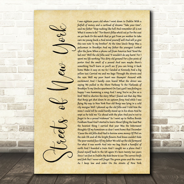 Ryan McMullan Streets of New York Rustic Script Song Lyric Music Art Print