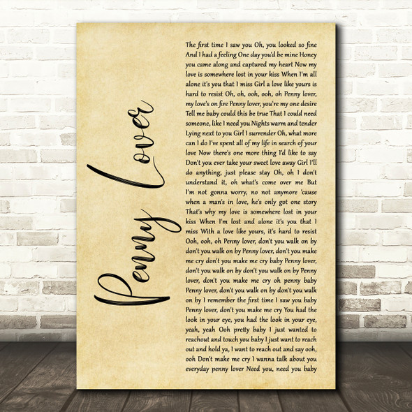 Lionel Richie Penny Lover Rustic Script Song Lyric Music Art Print