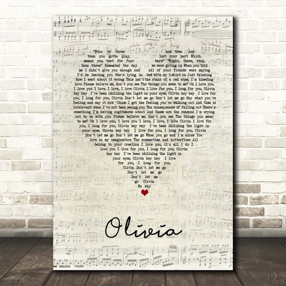 One Direction Olivia Script Heart Song Lyric Print
