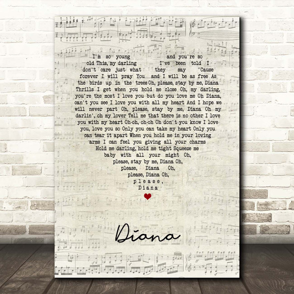 Paul Anka Diana Script Heart Song Lyric Print