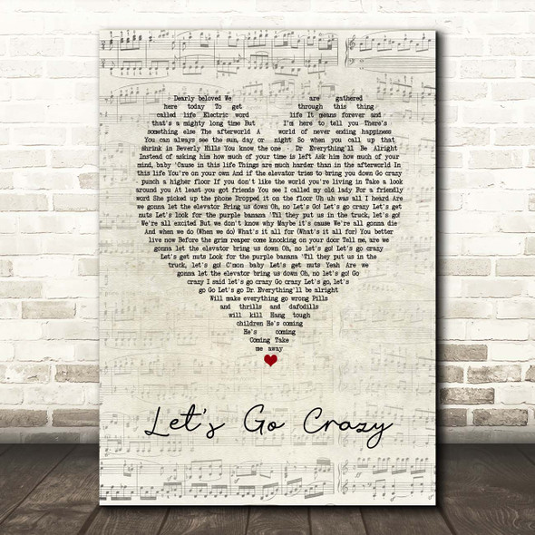 Prince And The Revolution Let's Go Grazy Script Heart Song Lyric Print