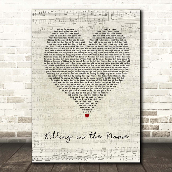 Rage Against the Machine Killing in the Name Script Heart Song Lyric Print