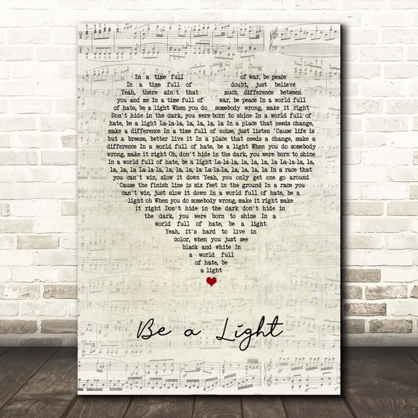Keith Urban, Be a Light Script Heart Song Lyric Print