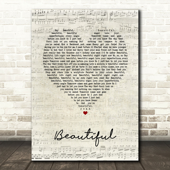 Bazzi Beautiful Script Heart Song Lyric Wall Art Print