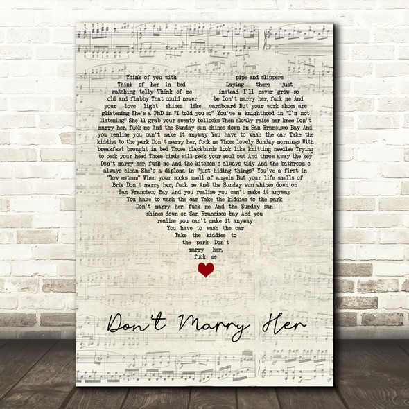 The Beautiful South Don't Marry Her Script Heart Song Lyric Wall Art Print
