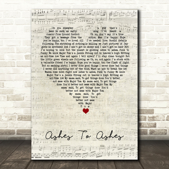 David Bowie Ashes To Ashes Script Heart Song Lyric Wall Art Print