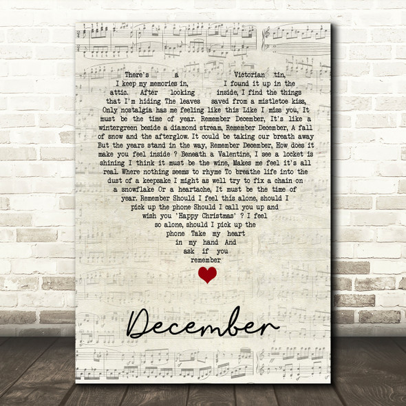 All About Eve December Script Heart Song Lyric Wall Art Print