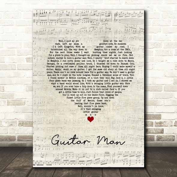 Elvis Presley Guitar Man Script Heart Song Lyric Wall Art Print