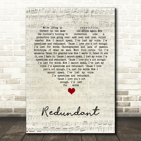 Green Day Redundant Script Heart Song Lyric Wall Art Print