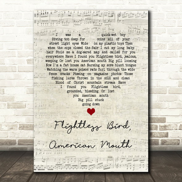 Iron & Wine Flightless Bird, American Mouth Script Heart Song Lyric Wall Art Print