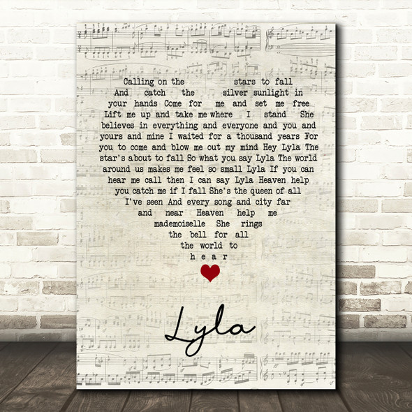Oasis Lyla Script Heart Song Lyric Wall Art Print