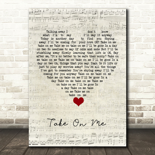 A-ha Take On Me Script Heart Song Lyric Quote Music Print