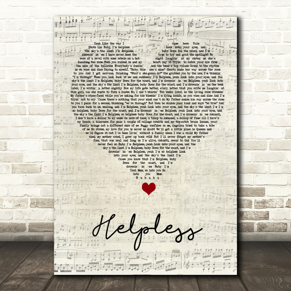 Ashanti Helpless Script Heart Song Lyric Quote Music Print