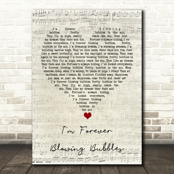 Cockney Rejects I'm Forever Blowing Bubbles Script Heart Song Lyric Quote Music Print