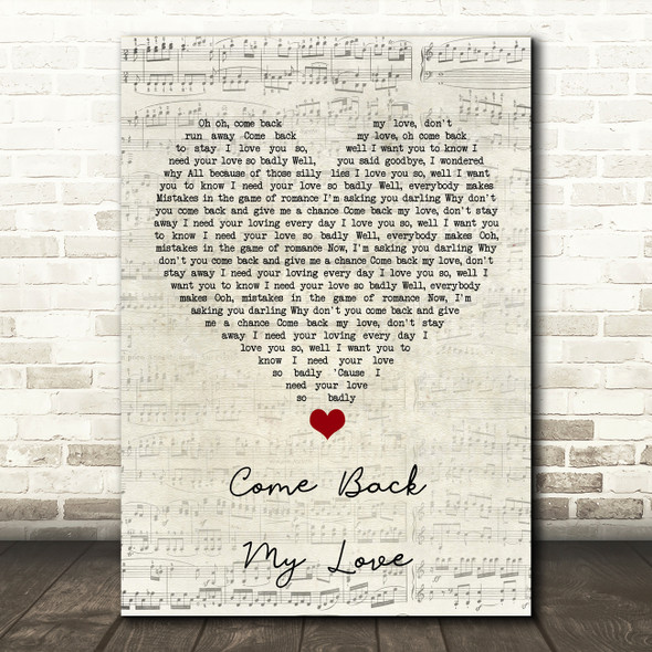 Darts Come back my love Script Heart Song Lyric Quote Music Print