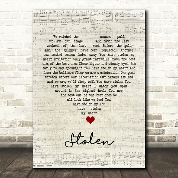 Dashboard Confessional Stolen Script Heart Song Lyric Quote Music Print