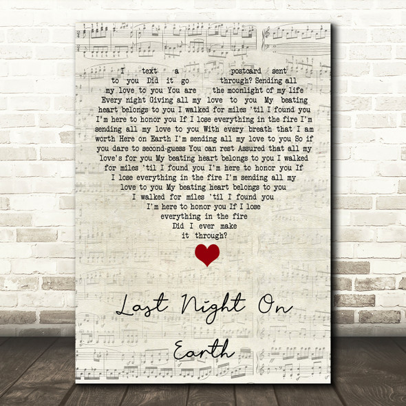 Green Day Last Night On Earth Script Heart Song Lyric Quote Music Print