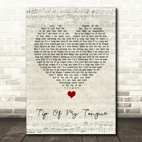 Kenny Chesney Tip Of My Tongue Script Heart Song Lyric Quote Music Print