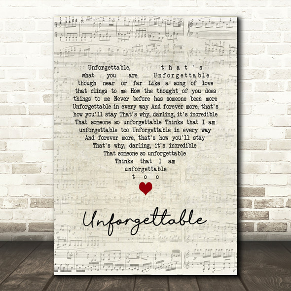 Nat King Cole Unforgettable Script Heart Song Lyric Quote Music Print