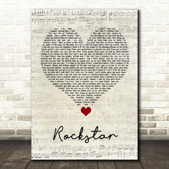 Post Malone Rockstar Script Heart Song Lyric Quote Music Print