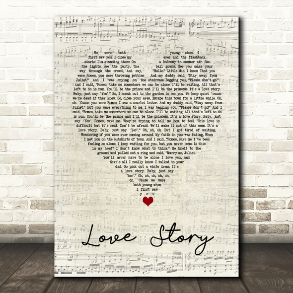 Taylor Swift Love Story Script Heart Song Lyric Quote Music Print