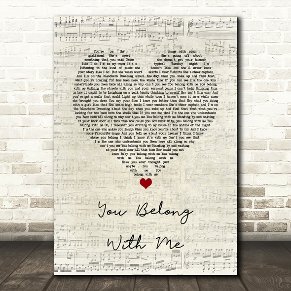 Taylor Swift You Belong With Me Script Heart Song Lyric Quote Music Print