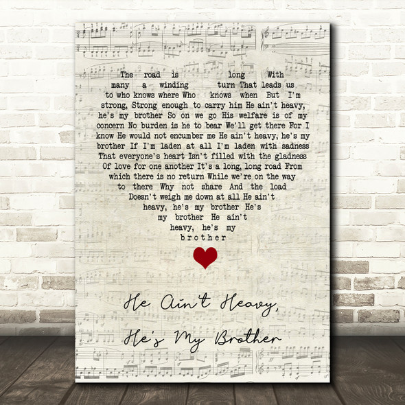 The Hollies He Ain't Heavy, He's My Brother Script Heart Song Lyric Quote Music Print