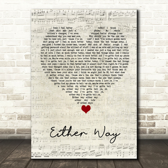 The Twang Either Way Script Heart Song Lyric Quote Music Print
