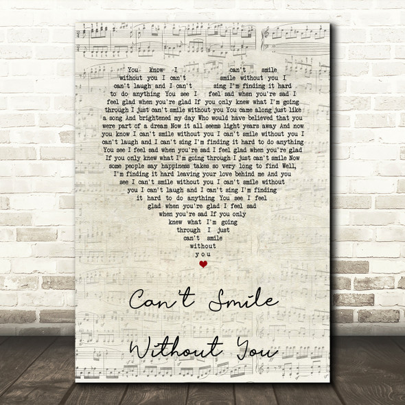 Barry Manilow Can't Smile Without You Script Heart Song Lyric Quote Print