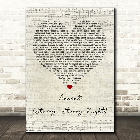 Don McLean Vincent (Starry, Starry Night) Script Heart Song Lyric Quote Print