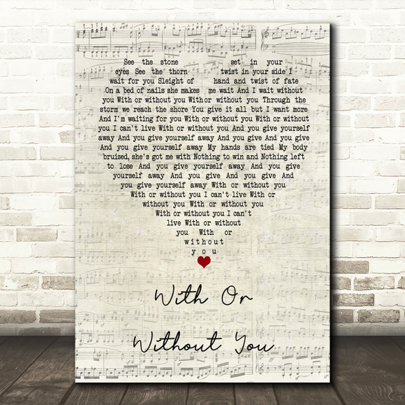 U2 With Or Without You Script Heart Song Lyric Quote Print