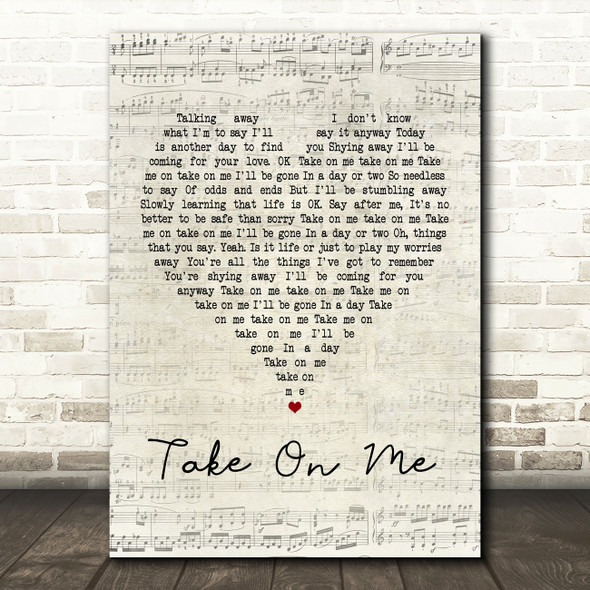 A-ha Take On Me Script Heart Song Lyric Quote Print