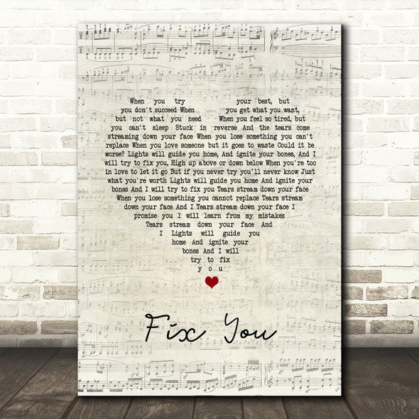 Coldplay Fix You Script Heart Song Lyric Quote Print