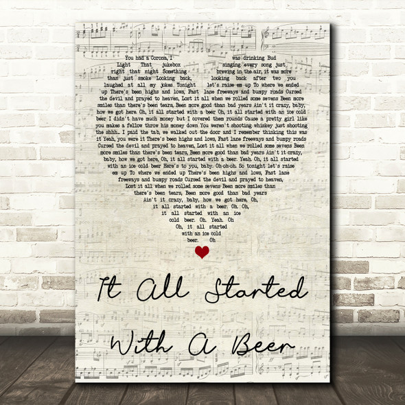 Frankie Ballard It All Started With A Beer Script Heart Song Lyric Quote Print