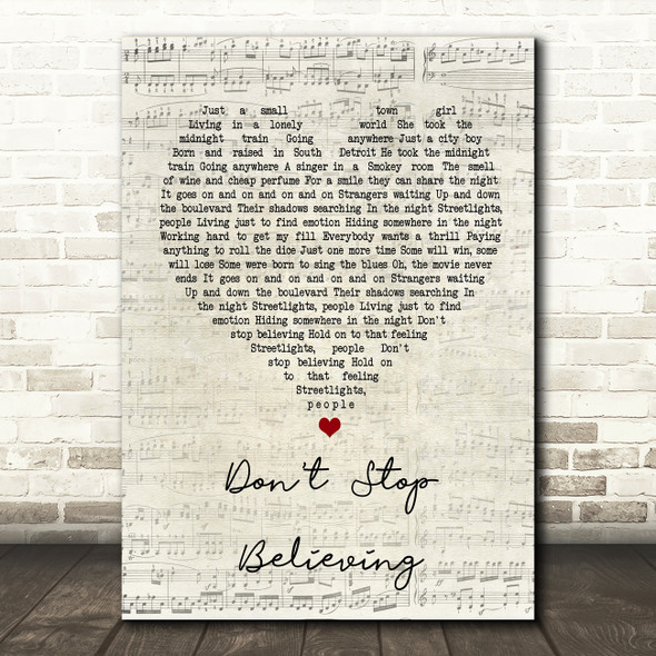 Journey Don't Stop Believing Script Heart Song Lyric Quote Print