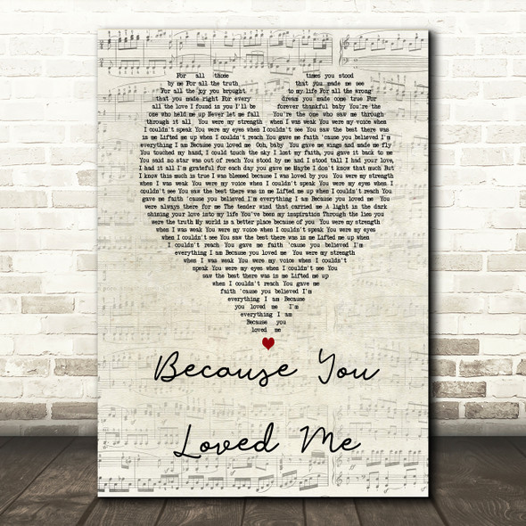 Celine Dione Because You Loved Me Script Heart Song Lyric Quote Print