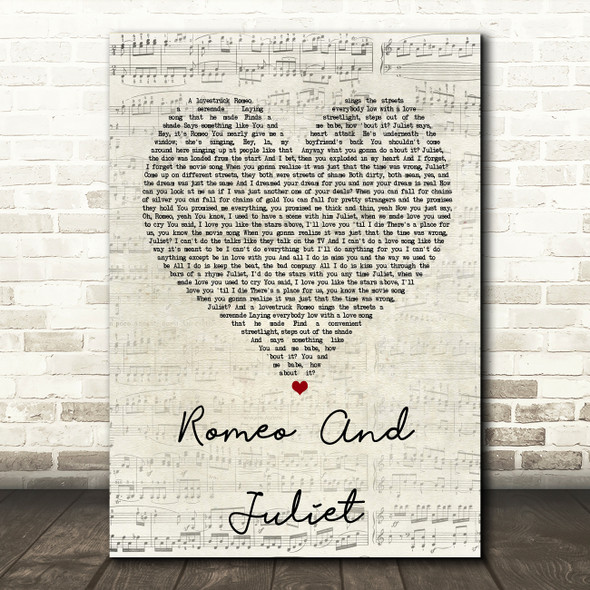 Dire Straits Romeo And Juliet Script Heart Song Lyric Quote Print
