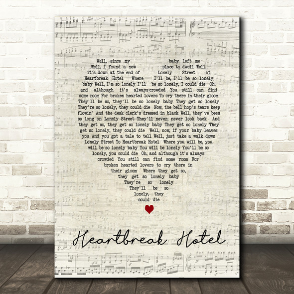 Elvis Presley Heartbreak Hotel Script Heart Song Lyric Quote Print