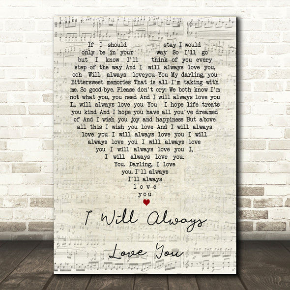 Whitney Houston I Will Always Love You Script Heart Song Lyric Quote Print