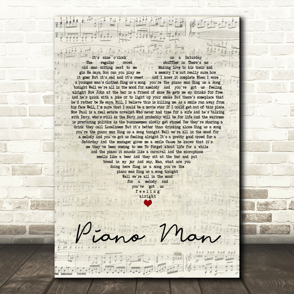 Billy Joel Piano Man Script Heart Song Lyric Print
