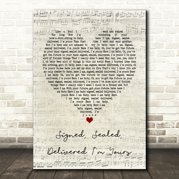 Stevie Wonder Signed, Sealed, Delivered I'm Yours Script Heart Song Lyric Print