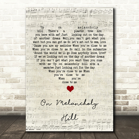 Gorillaz On Melancholy Hill Script Heart Song Lyric Print